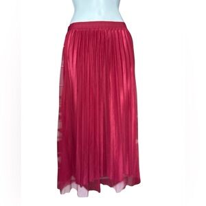 Fairy Coquette Pleated Satin Tulle Maxi Skirt Large Layers Burgundy Red Romantic